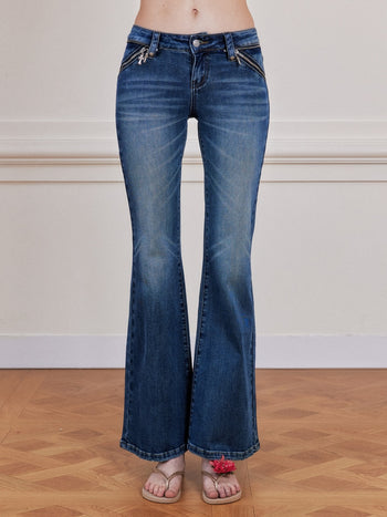 [NECY] Cross Zip Pocket Washed Slim Flare Jeans
