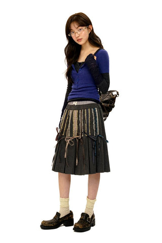 [Moromoro2] Lace Trim Plaid Patchwork Pleated  Skirt