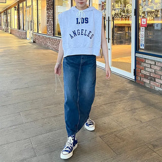 Washed denim long skirt