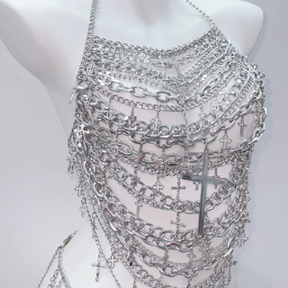 Metal chain cross applique hollow out backless waist chain cut out set