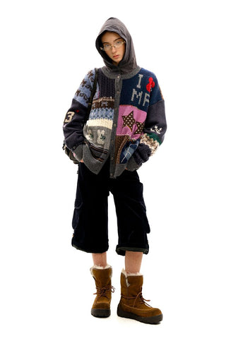 [Moromoro] Multi Pattern Patchwork Knit Set