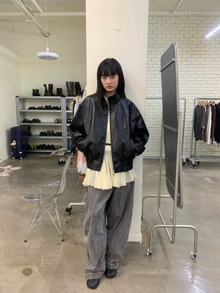 [NEVERSEEZ] Stand Collar Oversized PU Jacket