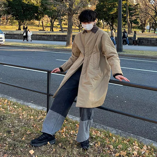 Corduroy two-tone long down jacket