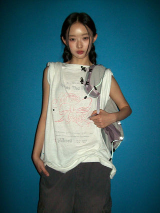 [Moromoro2] Washed Bow Graffiti Rhinestone Oversized  Tee