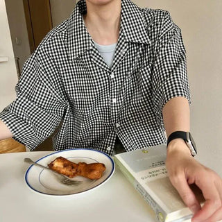 Linen check open collar shirt