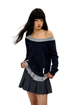 [Moromoro2] Faux Two-piece Off-shoulder Ruffle  Sweatshirt
