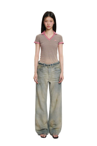 [Moromoro2] Washed Pleated Wide Leg Jeans