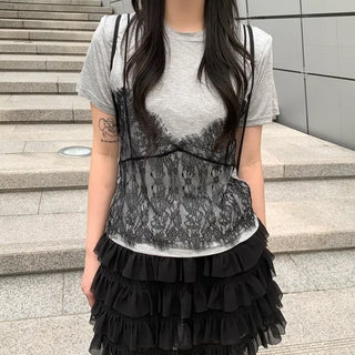 [SET] Lace Bustier Set Short-Sleeve T-Shirt