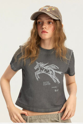 [Monterest] Unicorn Print Slim Fit Cropped Tee