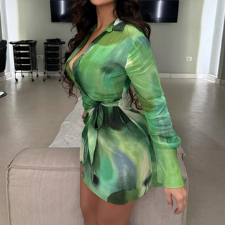 Long sleeve irregular print contrast mini dress