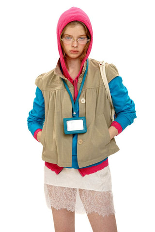 [Moromoro2] Patchwork Distressed Layered Hooded  Sweater