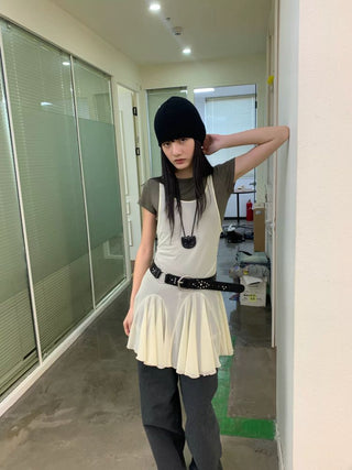 [NeverSeez] Mesh Layered Pleated Vest Dress
