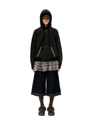 [Moromoro2] Raw-Edge Reversible Waffle Zip  Hoodie