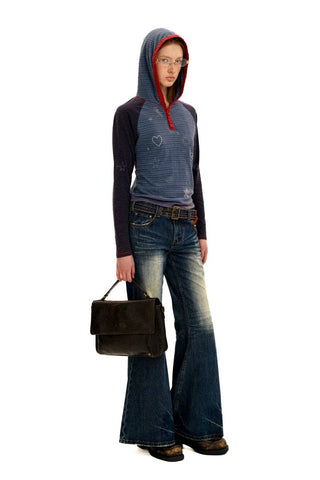 [Moromoro2] Contrast Stripe Rhinestone Long Sleeve  Tee