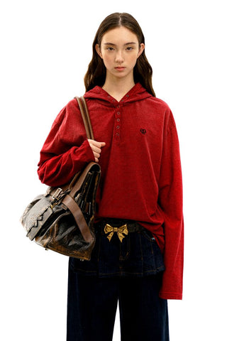 [Moromoro2] Striped Henry Collar Hooded Long Sleeve  Tee
