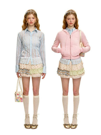[Moromoro2] Patchwork Ruffle Floral Mini  Skirt