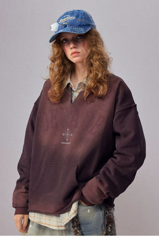 [Monterest] Washed Split-Neck Graphic Sweatshirt
