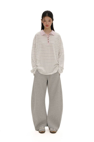 [Moromoro2] Striped Polo Long Sleeve Tee with Star  Buttons