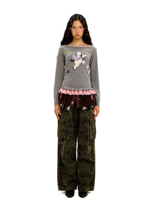[Moromoro2] Boat Neck Ruffle Hem Wool  Sweater