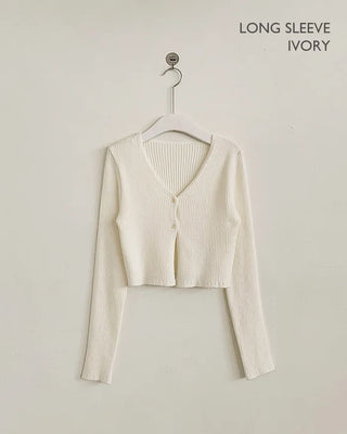 (Short-sleeved/Long-sleeved) Pastel Cropped V-neck Slim Button Ribbed Cardigan