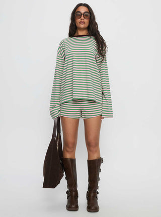 Settle Down Long Sleeve Top Green  Pink Stripe