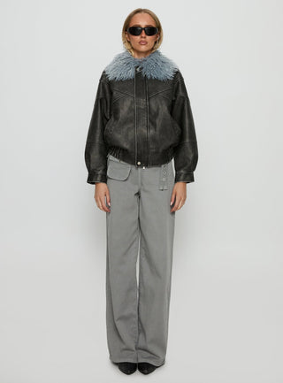 Brittanni Fluffy Collar Jacket Black  Blue
