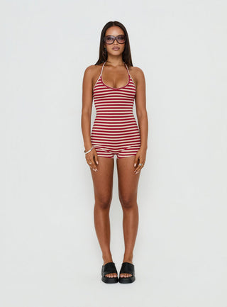 Watch Me Leave Halter Playsuit Red / White Stripe