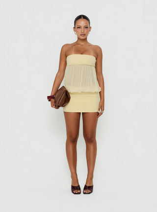 Howland Strapless Sheer Blouson Mini Dress Yellow
