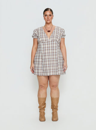 Mystee Plunge Neck Playsuit Blue Check Curve