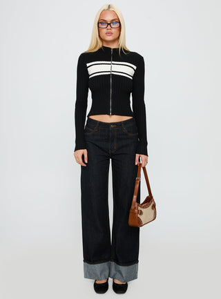 Decisive Zip Through Knit Sweater Black  White