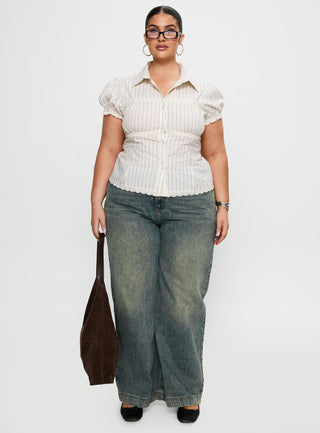 Deserve You Puff Sleeve Button Front Top Cream Stripe Curve