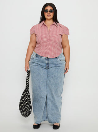 Float Away Button Up Top Red Check Curve