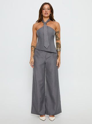 Uvelia Tie Detail Top Grey Pinstripe
