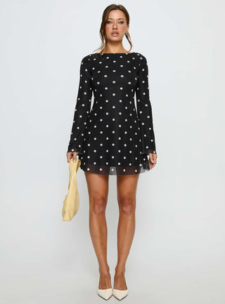 Lukea Long Sleeve Mini Dress Black Polka Dot