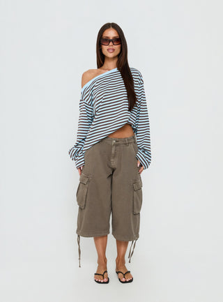 Settle Down One Shoulder Long Sleeve Top Chocolate / Blue Stripe
