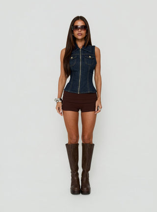 Liyana Denim Zip Up Sleeveless Top Mid Blue