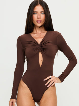 Vennie Twist Front Long Sleeve Bodysuit Brown