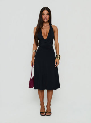 Zevani Plunge Halter Midi Dress Black