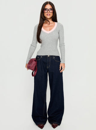 Vanita V Neck Long Sleeve Top Grey  Pink