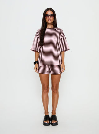 Settle Down Short Sleeve Top Pink  Brown Stripe