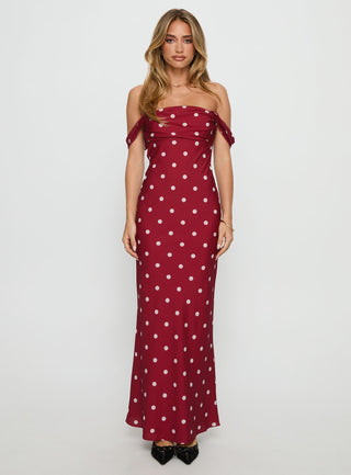 End Credits Off Shoulder Pleat Maxi Dress Red  Polka Dot