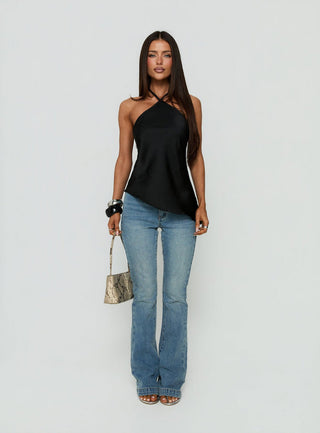 Sanford Satin Asymmetrical Arrowneck Top Black