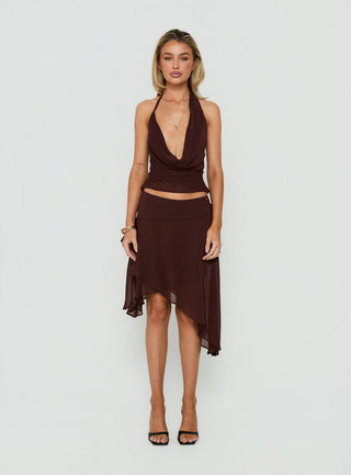Evaleine Asymmetrical Chiffon Midi Skirt Chocolate