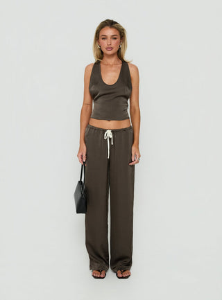 Dialled Up Tie Waist Satin Pants Mocha