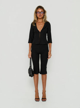 Aaira 3/4 Sleeve Cinched Waist Collared Shirt Black