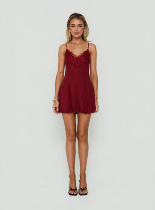 Bloomie Lace Godet Mini Dress Cherry Lacquer
