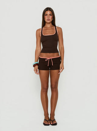 Lyndsie Rib Lace Racer Back Tank Brown / Coral