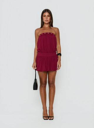 Lenika Eyelet Strapless Mini Dress Burgundy