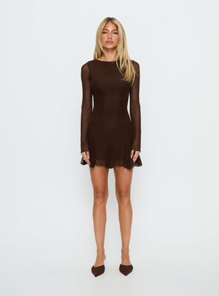 Evita Long Sleeve Pleat Mini Dress Chocolate