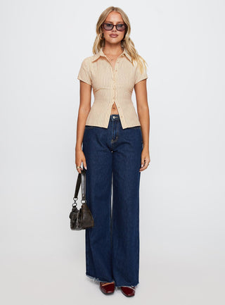 Lift Off Button Up Top Cream  Navy Stripe